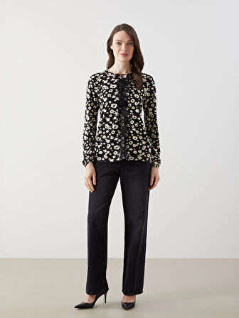 LCW Grace SİYAH Bağlamalı Yaka Çiçekli Kadın Bluz