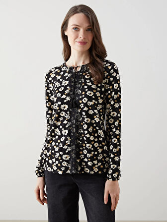 LCW Grace SİYAH Bağlamalı Yaka Çiçekli Kadın Bluz