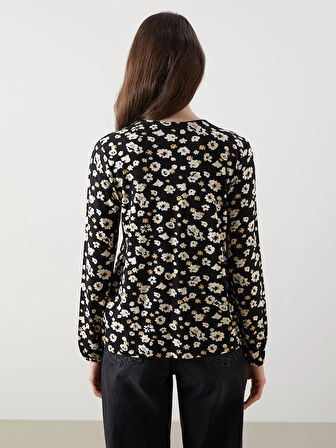 LCW Grace SİYAH Bağlamalı Yaka Çiçekli Kadın Bluz