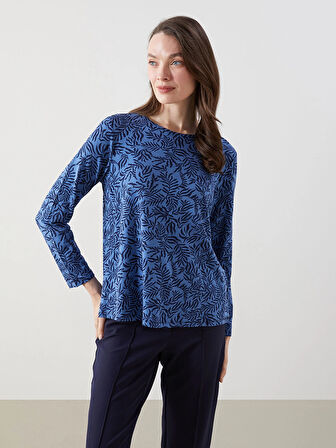 LCW Grace Lacivert Bisiklet Yaka Desenli Kadın Tişört