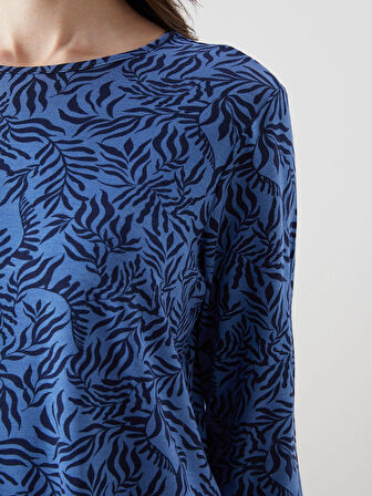 LCW Grace Lacivert Bisiklet Yaka Desenli Kadın Tişört