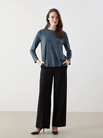 LCW Grace Yeşil Bisiklet Yaka Desenli Kadın Tişört