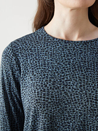 LCW Grace Yeşil Bisiklet Yaka Desenli Kadın Tişört