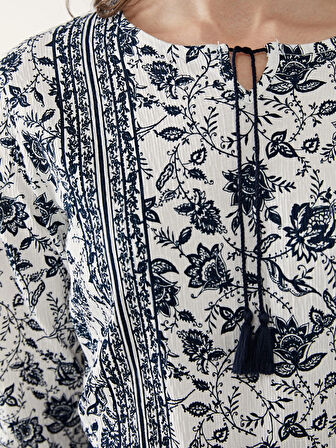 LCW Grace EKRU Bağlamalı Yaka Çiçekli Kadın Bluz