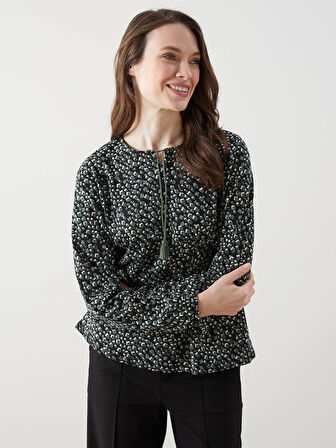 LCW Grace Siyah Bağlamalı Yaka Desenli Kadın Bluz