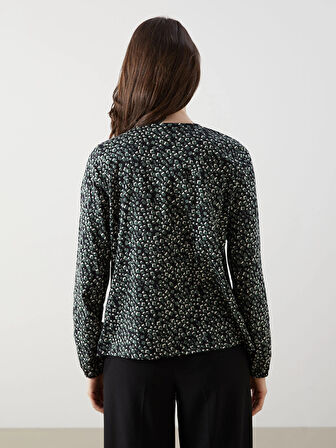 LCW Grace Siyah Bağlamalı Yaka Desenli Kadın Bluz