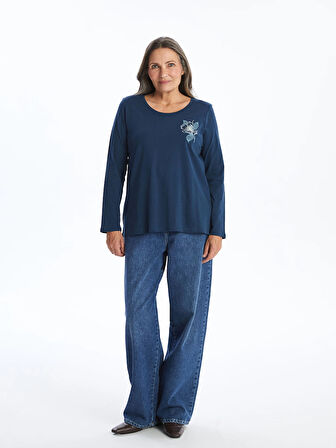 LCW Grace İNDİGO Bisiklet Yaka Nakışlı Kadın Bluz