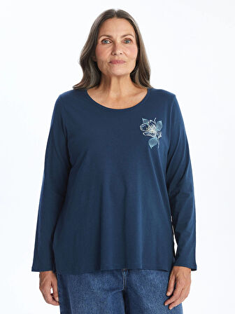 LCW Grace İNDİGO Bisiklet Yaka Nakışlı Kadın Bluz
