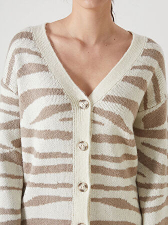 LCWAIKIKI Classic Ekru V Yaka Zebra Desenli Kadın Triko Hırka