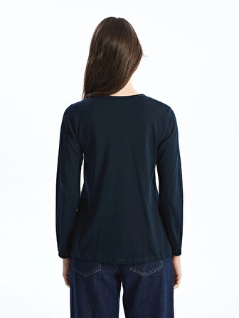 LCW Grace Lacivert Bisiklet Yaka Desenli Kadın Bluz