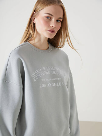 LCW Vision Gri Bisiklet Yaka Baskılı Oversize Kadın Kalın Sweatshirt