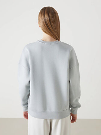 LCW Vision Gri Bisiklet Yaka Baskılı Oversize Kadın Kalın Sweatshirt