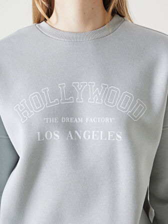 LCW Vision Gri Bisiklet Yaka Baskılı Oversize Kadın Kalın Sweatshirt