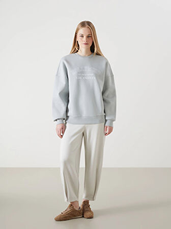 LCW Vision Gri Bisiklet Yaka Baskılı Oversize Kadın Kalın Sweatshirt