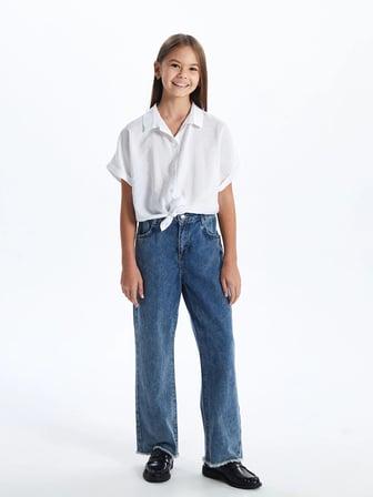 LCW Kids BEYAZ Basic Kısa Kollu Kız Çocuk Crop Gömlek