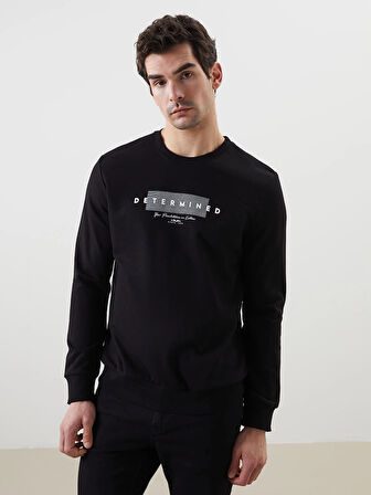 LCWAIKIKI Classic Siyah Bisiklet Yaka Uzun Kollu Baskılı Erkek Sweatshirt