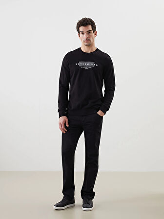 LCWAIKIKI Classic Siyah Bisiklet Yaka Uzun Kollu Baskılı Erkek Sweatshirt