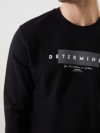 LCWAIKIKI Classic Siyah Bisiklet Yaka Uzun Kollu Baskılı Erkek Sweatshirt