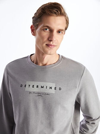 LCWAIKIKI Classic Gri Bisiklet Yaka Uzun Kollu Baskılı Erkek Sweatshirt