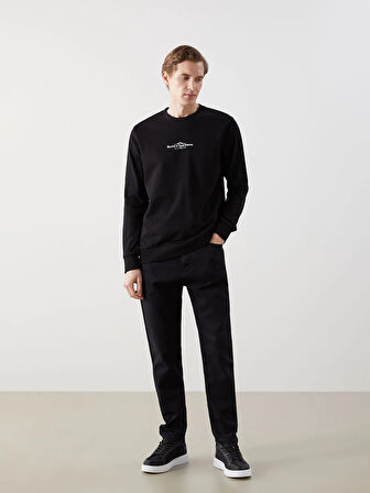 LCWAIKIKI Classic Siyah Bisiklet Yaka Uzun Kollu Baskılı Erkek Sweatshirt