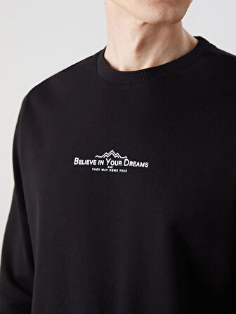 LCWAIKIKI Classic Siyah Bisiklet Yaka Uzun Kollu Baskılı Erkek Sweatshirt