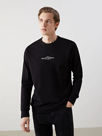 LCWAIKIKI Classic Siyah Bisiklet Yaka Uzun Kollu Baskılı Erkek Sweatshirt