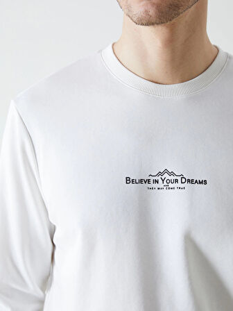 LCWAIKIKI Classic Ekru Bisiklet Yaka Uzun Kollu Baskılı Erkek Sweatshirt