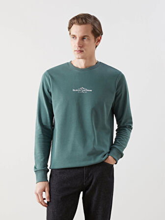 LCWAIKIKI Classic Yeşil Bisiklet Yaka Uzun Kollu Baskılı Erkek Sweatshirt