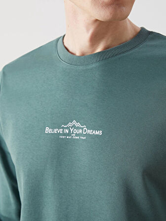 LCWAIKIKI Classic Yeşil Bisiklet Yaka Uzun Kollu Baskılı Erkek Sweatshirt