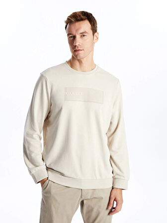 LCWAIKIKI Classic Bej Bisiklet Yaka Uzun Kollu Baskılı Erkek Sweatshirt