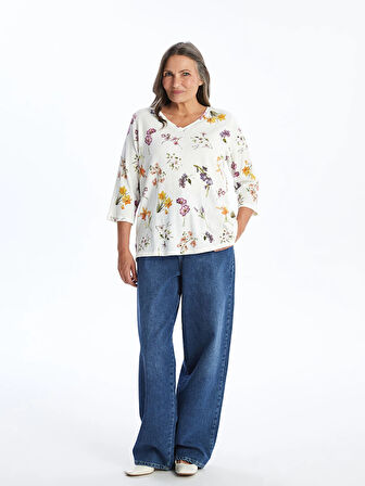 LCW Grace EKRU V Yaka Desenli Kadın Bluz