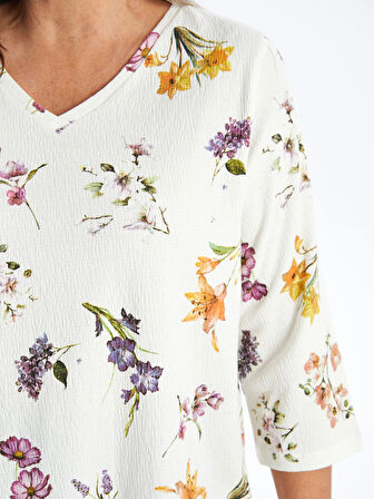 LCW Grace EKRU V Yaka Desenli Kadın Bluz