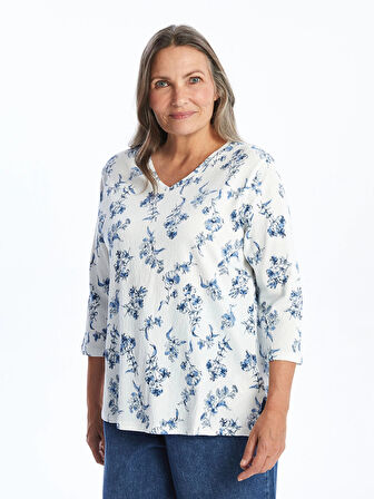 LCW Grace EKRU V Yaka Desenli Kadın Bluz
