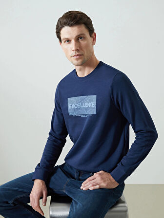 LCWAIKIKI Classic Lacivert Bisiklet Yaka Uzun Kollu Baskılı Erkek Sweatshirt