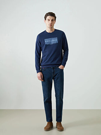 LCWAIKIKI Classic Lacivert Bisiklet Yaka Uzun Kollu Baskılı Erkek Sweatshirt