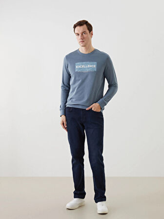 LCWAIKIKI Classic Indigo Bisiklet Yaka Uzun Kollu Baskılı Erkek Sweatshirt