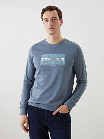 LCWAIKIKI Classic Indigo Bisiklet Yaka Uzun Kollu Baskılı Erkek Sweatshirt