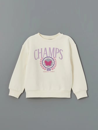 LCW Kids Ekru Bisiklet Yaka Kız Çocuk Kalın Sweatshirt