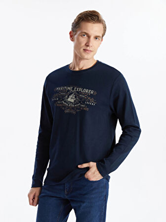 LCWAIKIKI Classic Lacivert Bisiklet Yaka Uzun Kollu Baskılı Erkek Sweatshirt