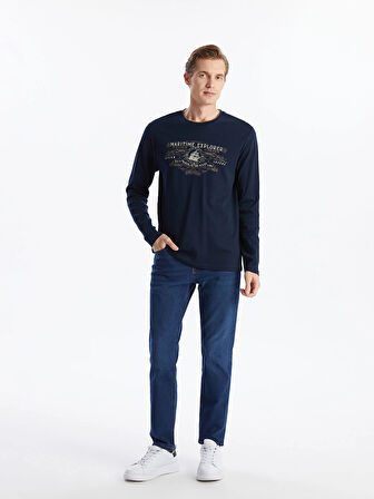 LCWAIKIKI Classic Lacivert Bisiklet Yaka Uzun Kollu Baskılı Erkek Sweatshirt