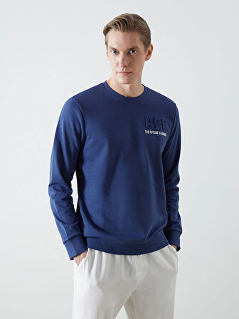 LCWAIKIKI Classic Lacivert Bisiklet Yaka Uzun Kollu Baskılı Erkek Sweatshirt