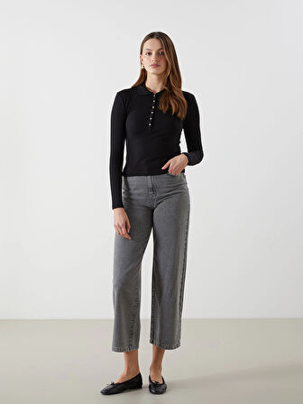 LCW Vision SİYAH Polo Yaka Dokulu Kadın Tişört