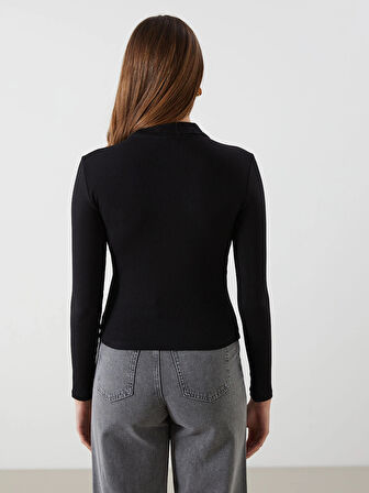 LCW Vision SİYAH Polo Yaka Dokulu Kadın Tişört