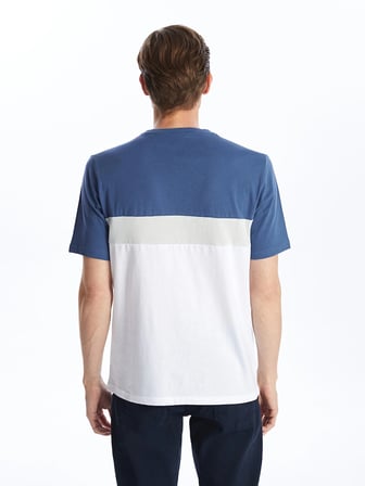 LCWAIKIKI Classic Indigo Bisiklet Yaka Kısa Kollu Renk Bloklu Erkek Tişört