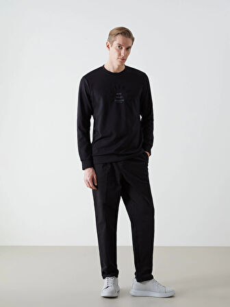 LCWAIKIKI Classic Siyah Bisiklet Yaka Uzun Kollu Baskılı Erkek Sweatshirt