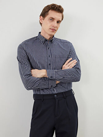 LCWAIKIKI Classic LACİVERT Regular Fit Uzun Kollu Çizgili Erkek Gömlek