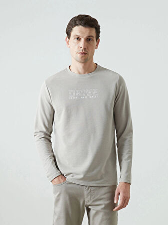 LCWAIKIKI Classic Bej Bisiklet Yaka Uzun Kollu Baskılı Erkek Sweatshirt