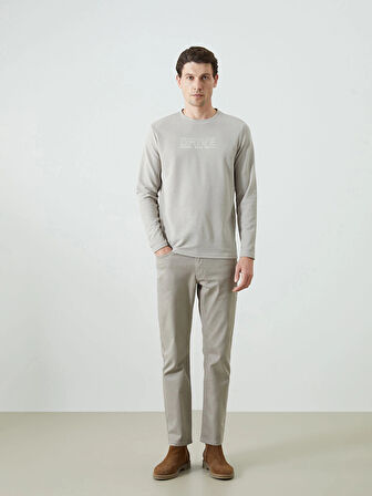 LCWAIKIKI Classic Bej Bisiklet Yaka Uzun Kollu Baskılı Erkek Sweatshirt