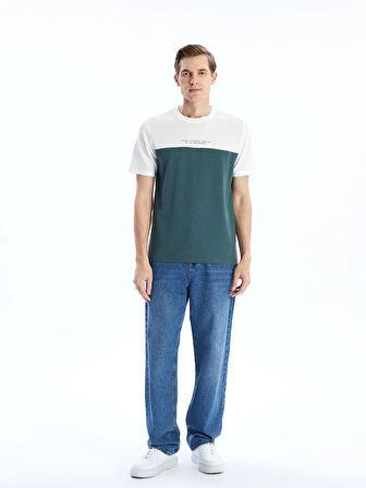 LCWAIKIKI Classic Ekru Bisiklet Yaka Kısa Kollu Renk Bloklu Erkek Tişört