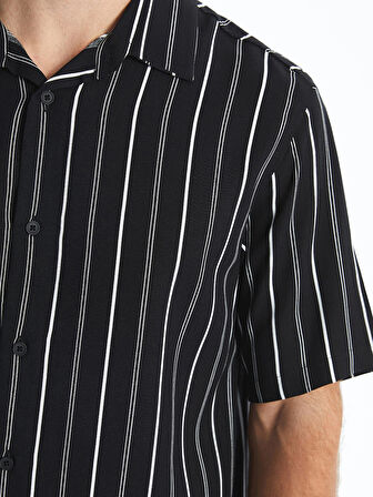 XSIDE Siyah Regular Fit Kısa Kollu Çizgili Viskon Erkek Gömlek